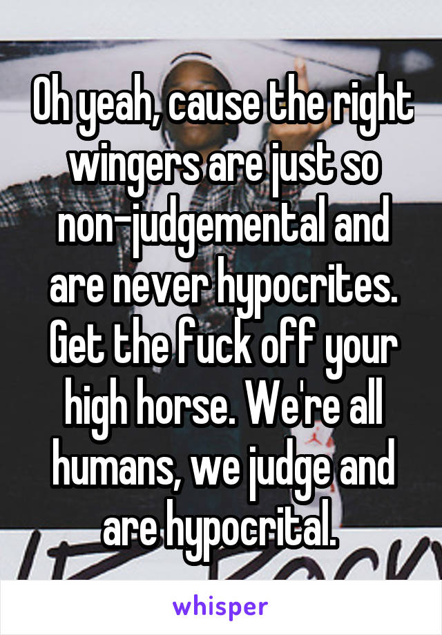 Oh yeah, cause the right wingers are just so non-judgemental and are never hypocrites. Get the fuck off your high horse. We're all humans, we judge and are hypocrital. 