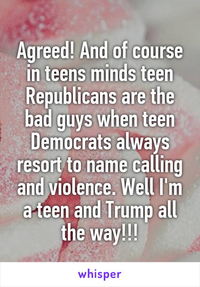 Agreed! And of course in teens minds teen Republicans are the bad guys when teen Democrats always resort to name calling and violence. Well I'm a teen and Trump all the way!!!