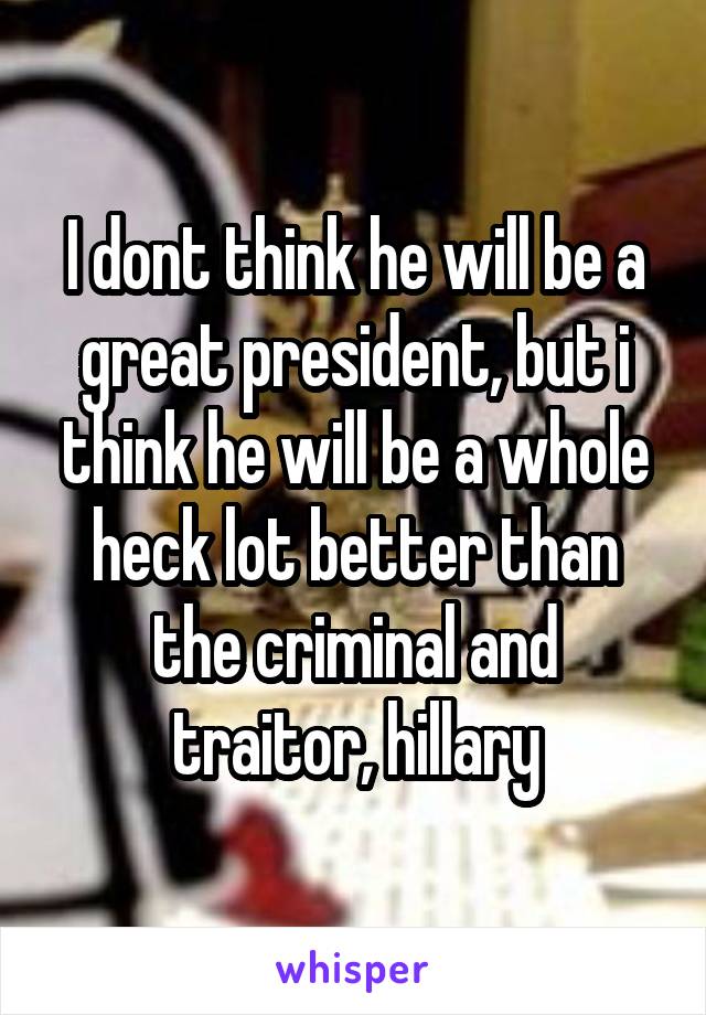 I dont think he will be a great president, but i think he will be a whole heck lot better than the criminal and traitor, hillary