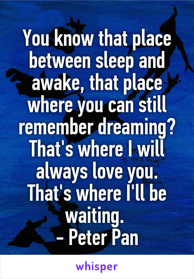 You know that place between sleep and awake, that place where you can still remember dreaming? That's where I will always love you. That's where I'll be waiting. 
- Peter Pan