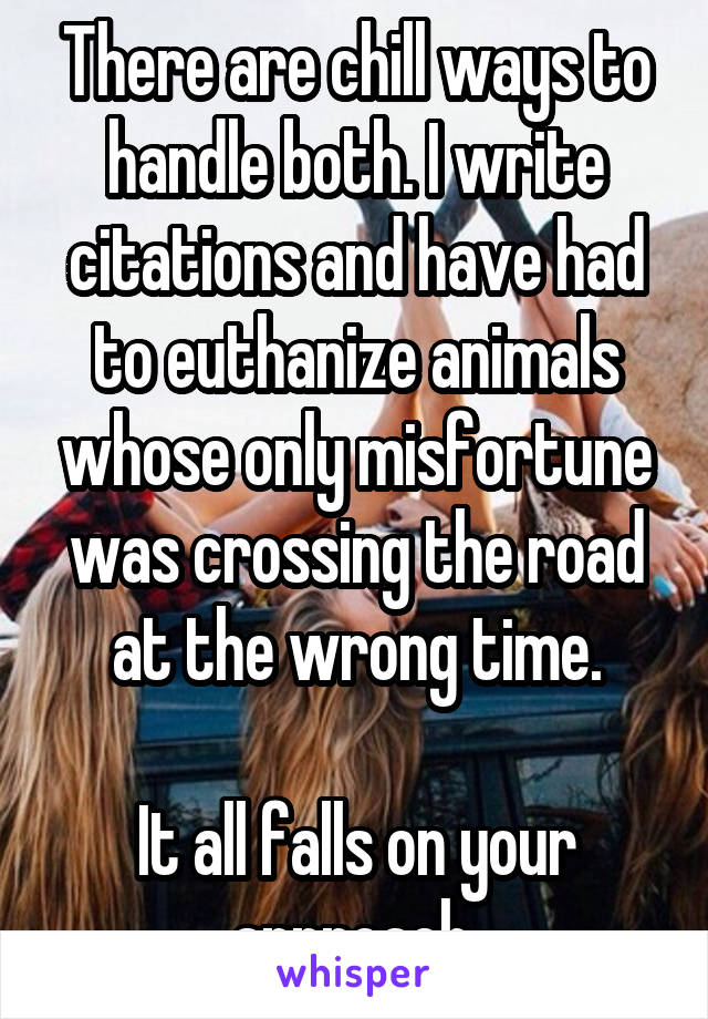 There are chill ways to handle both. I write citations and have had to euthanize animals whose only misfortune was crossing the road at the wrong time.

It all falls on your approach.