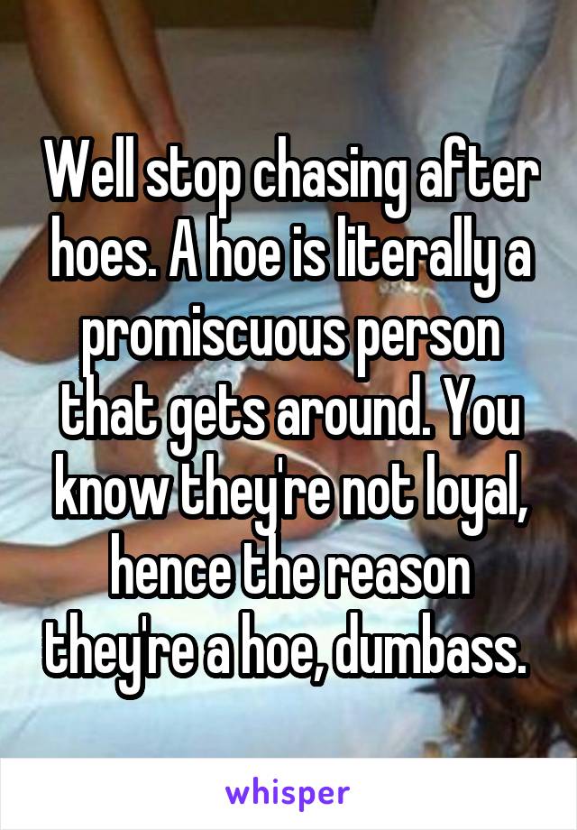 Well stop chasing after hoes. A hoe is literally a promiscuous person that gets around. You know they're not loyal, hence the reason they're a hoe, dumbass. 