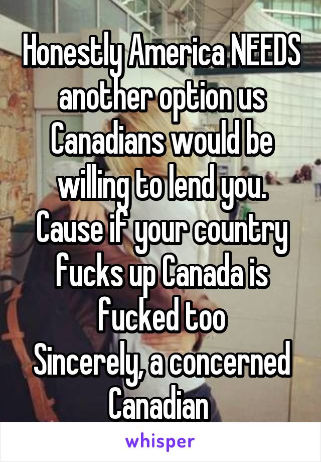 Honestly America NEEDS another option us Canadians would be willing to lend you. Cause if your country fucks up Canada is fucked too
Sincerely, a concerned Canadian 