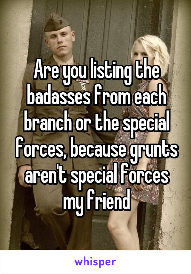 Are you listing the badasses from each branch or the special forces, because grunts aren't special forces my friend