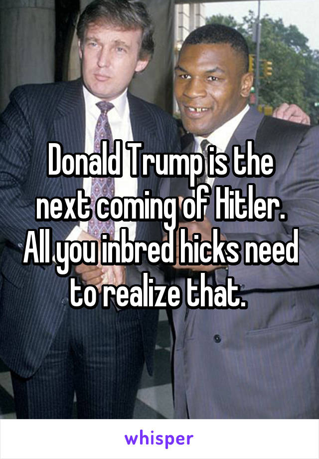 Donald Trump is the next coming of Hitler. All you inbred hicks need to realize that. 