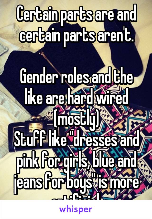 Certain parts are and certain parts aren't.

Gender roles and the like are hard wired (mostly)
Stuff like "dresses and pink for girls, blue and jeans for boys" is more artificial.