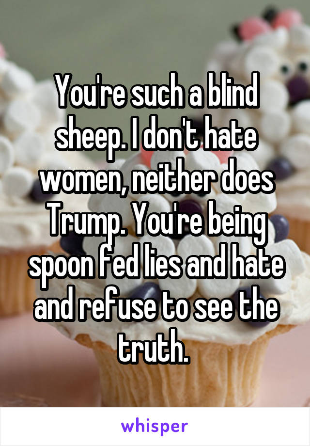 You're such a blind sheep. I don't hate women, neither does Trump. You're being spoon fed lies and hate and refuse to see the truth. 