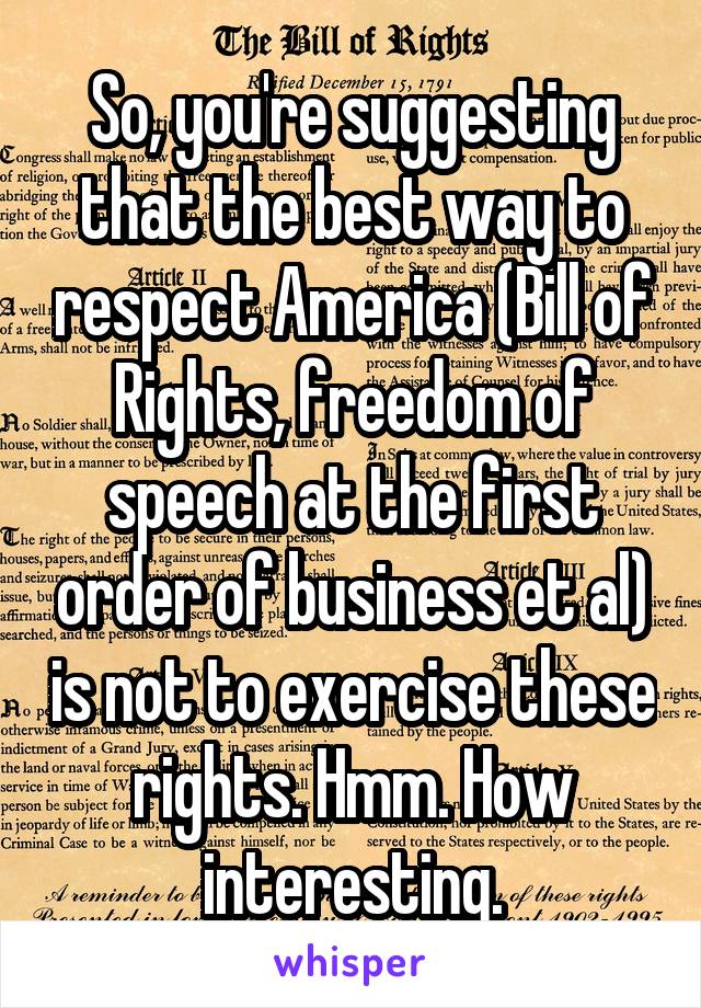 So, you're suggesting that the best way to respect America (Bill of Rights, freedom of speech at the first order of business et al) is not to exercise these rights. Hmm. How interesting.