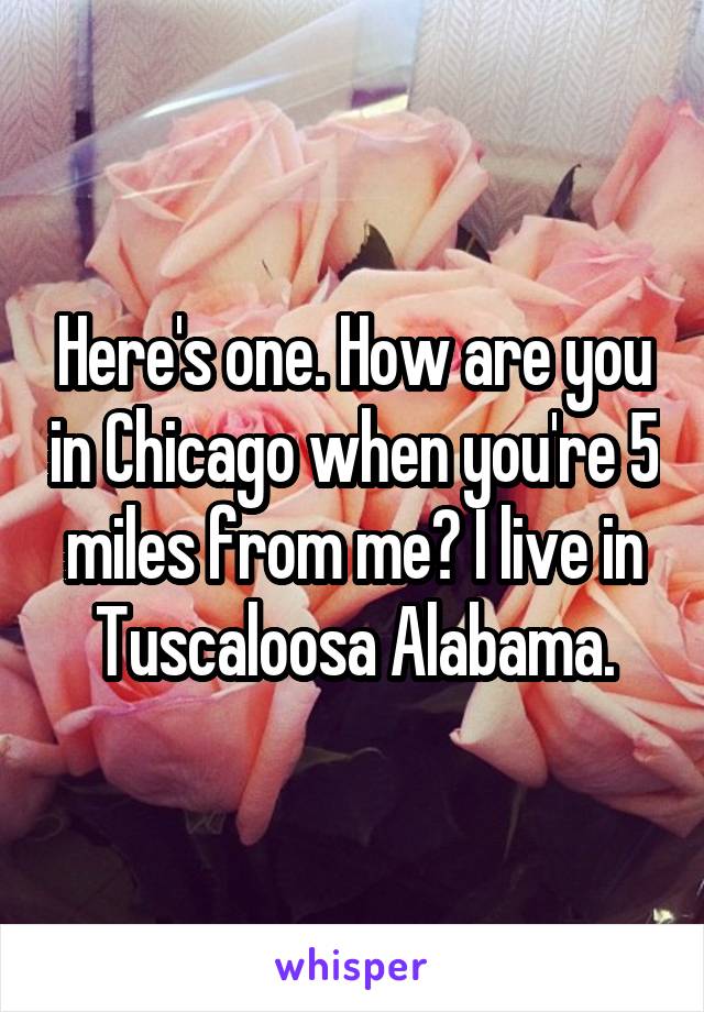 Here's one. How are you in Chicago when you're 5 miles from me? I live in Tuscaloosa Alabama.