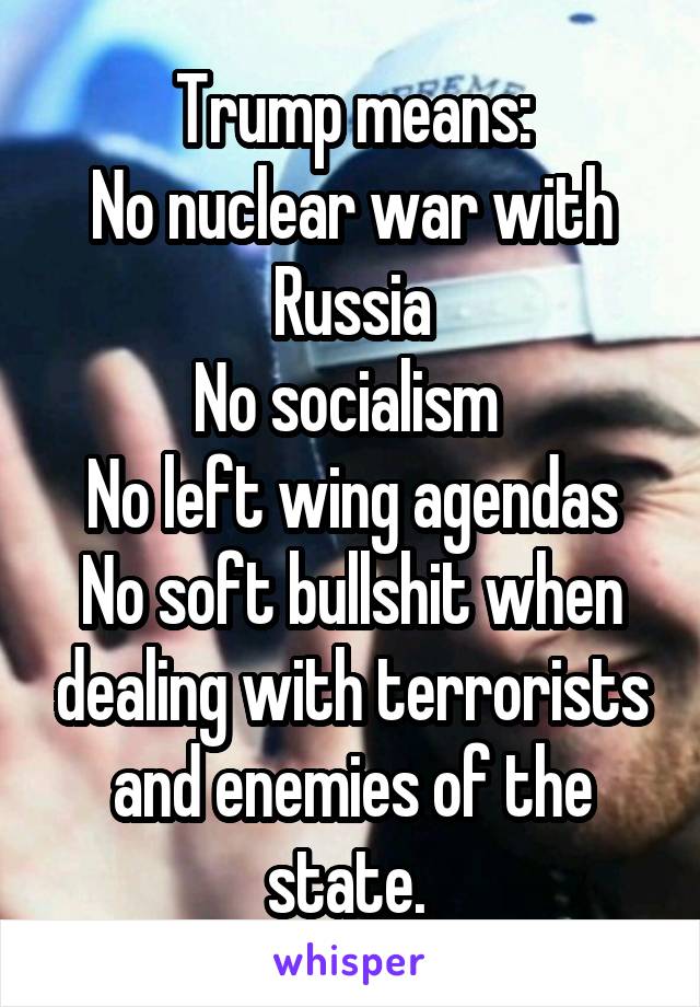 Trump means:
No nuclear war with Russia
No socialism 
No left wing agendas
No soft bullshit when dealing with terrorists and enemies of the state. 