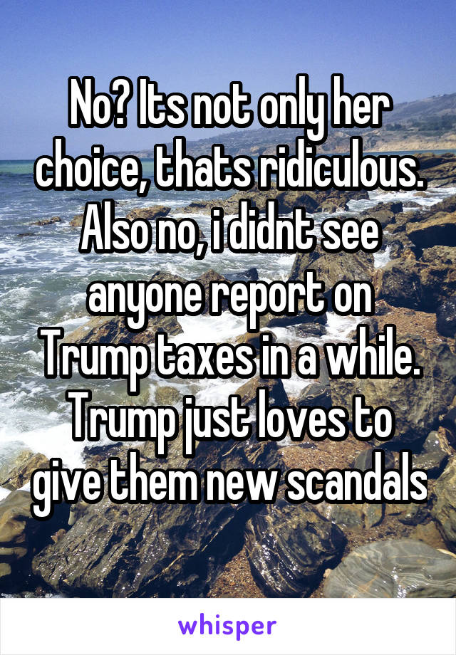 No? Its not only her choice, thats ridiculous.
Also no, i didnt see anyone report on Trump taxes in a while. Trump just loves to give them new scandals  