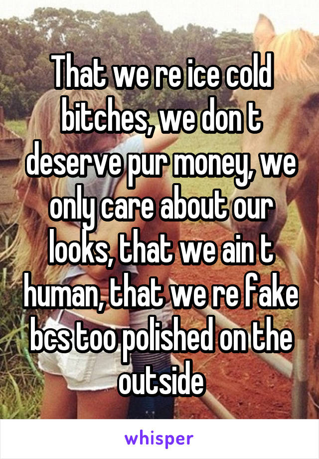 That we re ice cold bitches, we don t deserve pur money, we only care about our looks, that we ain t human, that we re fake bcs too polished on the outside