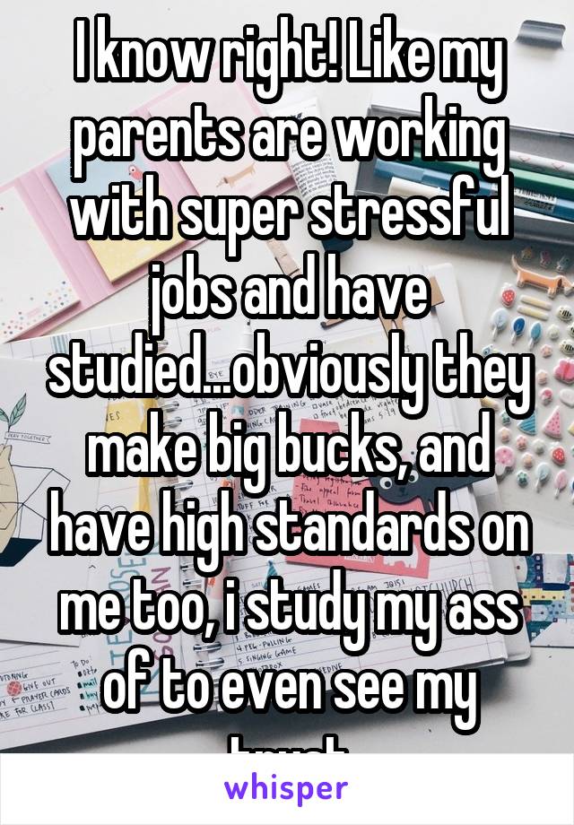 I know right! Like my parents are working with super stressful jobs and have studied...obviously they make big bucks, and have high standards on me too, i study my ass of to even see my trust