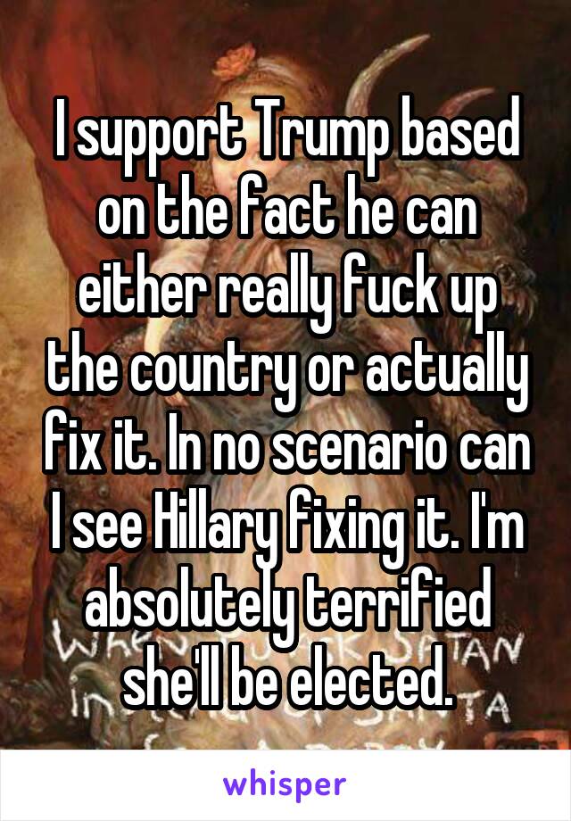 I support Trump based on the fact he can either really fuck up the country or actually fix it. In no scenario can I see Hillary fixing it. I'm absolutely terrified she'll be elected.