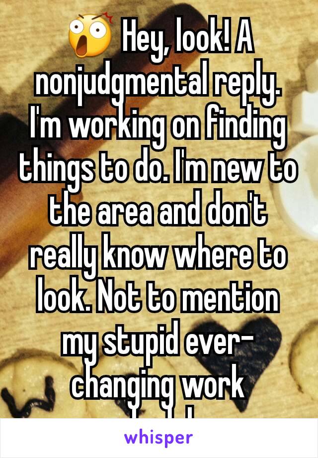 😲 Hey, look! A nonjudgmental reply. I'm working on finding things to do. I'm new to the area and don't really know where to look. Not to mention my stupid ever-changing work schedule.