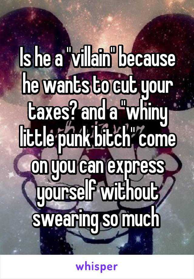 Is he a "villain" because he wants to cut your taxes? and a "whiny little punk bitch" come on you can express yourself without swearing so much 