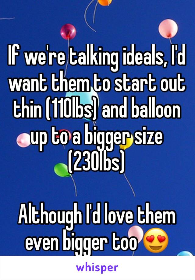 If we're talking ideals, I'd want them to start out thin (110lbs) and balloon up to a bigger size (230lbs)

Although I'd love them even bigger too 😍
