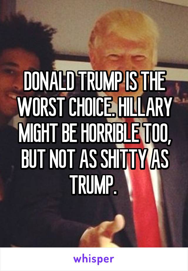 DONALD TRUMP IS THE WORST CHOICE. HILLARY MIGHT BE HORRIBLE TOO, BUT NOT AS SHITTY AS TRUMP. 