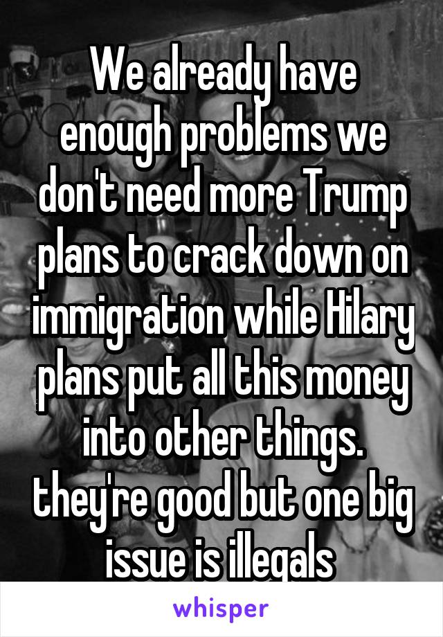 We already have enough problems we don't need more Trump plans to crack down on immigration while Hilary plans put all this money into other things. they're good but one big issue is illegals 