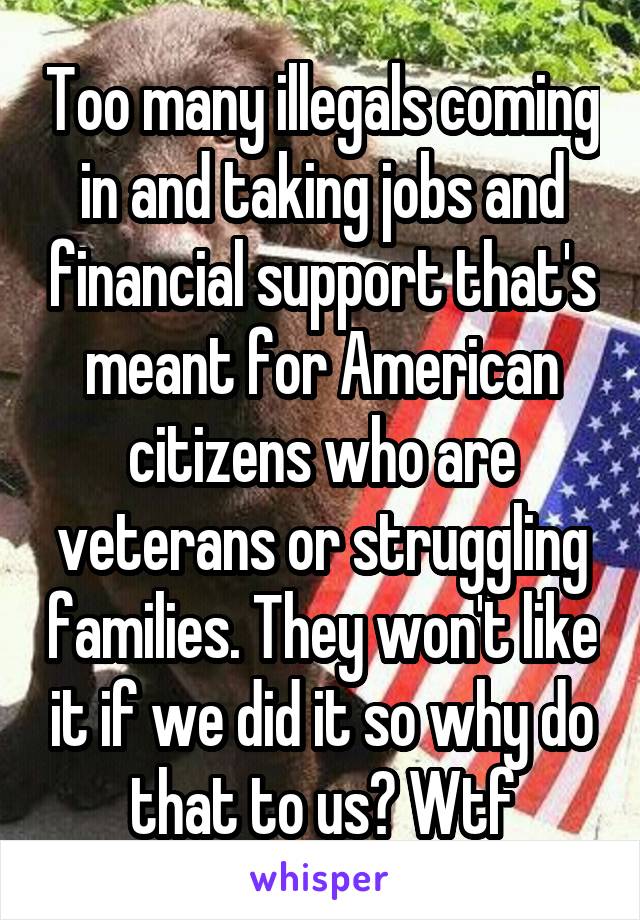 Too many illegals coming in and taking jobs and financial support that's meant for American citizens who are veterans or struggling families. They won't like it if we did it so why do that to us? Wtf