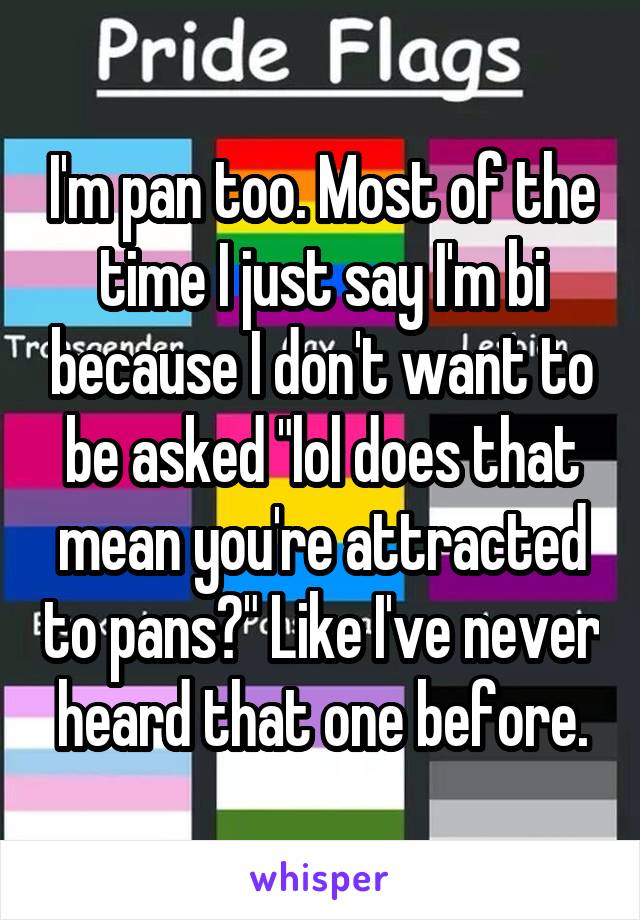 I'm pan too. Most of the time I just say I'm bi because I don't want to be asked "lol does that mean you're attracted to pans?" Like I've never heard that one before.