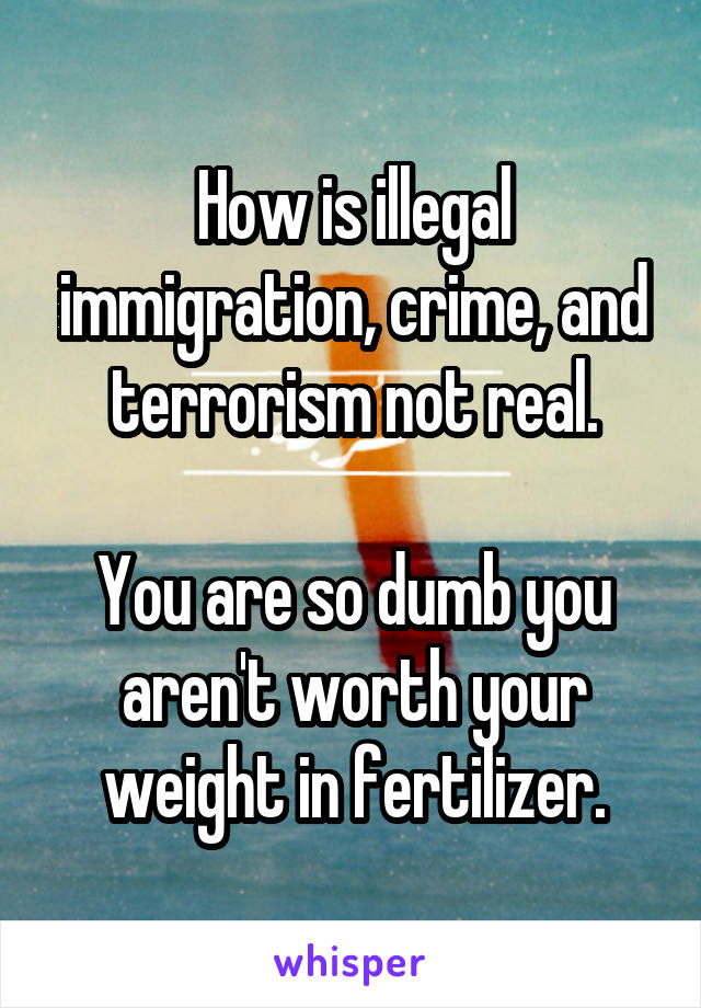 How is illegal immigration, crime, and terrorism not real.

You are so dumb you aren't worth your weight in fertilizer.