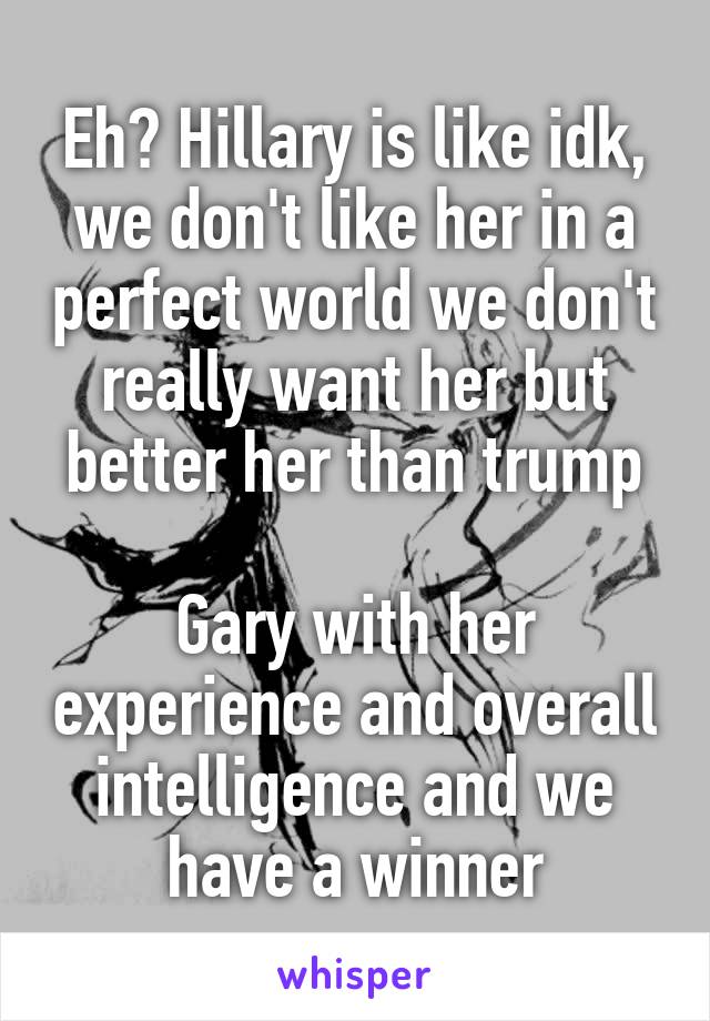 Eh? Hillary is like idk, we don't like her in a perfect world we don't really want her but better her than trump

Gary with her experience and overall intelligence and we have a winner