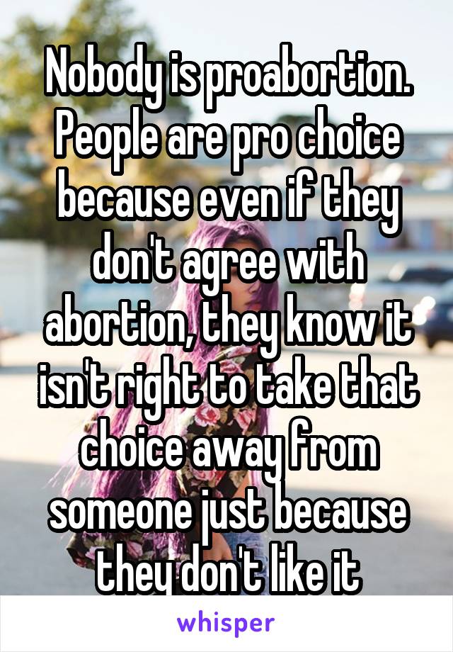 Nobody is proabortion. People are pro choice because even if they don't agree with abortion, they know it isn't right to take that choice away from someone just because they don't like it