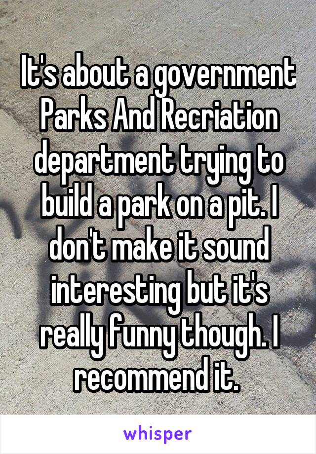 It's about a government Parks And Recriation department trying to build a park on a pit. I don't make it sound interesting but it's really funny though. I recommend it. 