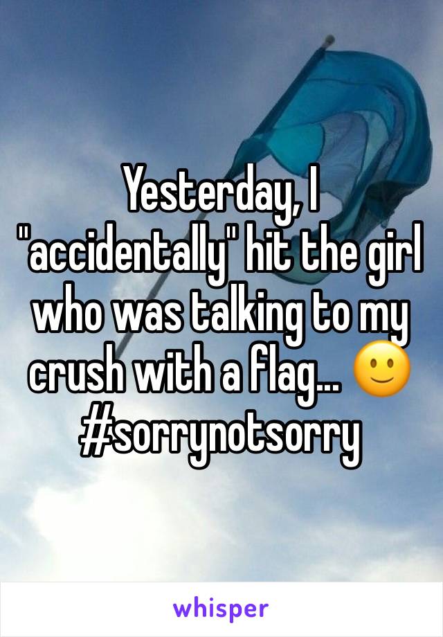 Yesterday, I "accidentally" hit the girl who was talking to my crush with a flag... 🙂#sorrynotsorry 