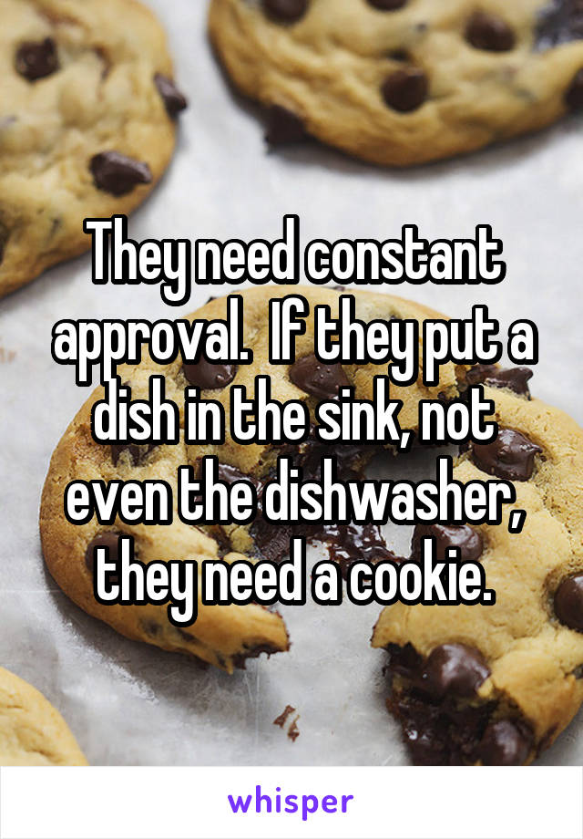 They need constant approval.  If they put a dish in the sink, not even the dishwasher, they need a cookie.