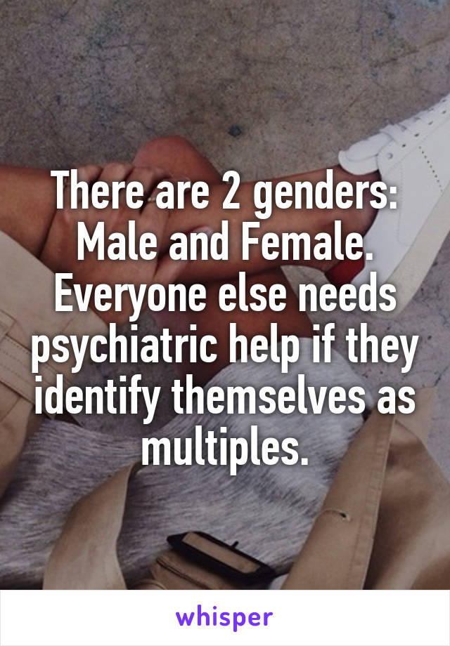 There are 2 genders: Male and Female. Everyone else needs psychiatric help if they identify themselves as multiples.