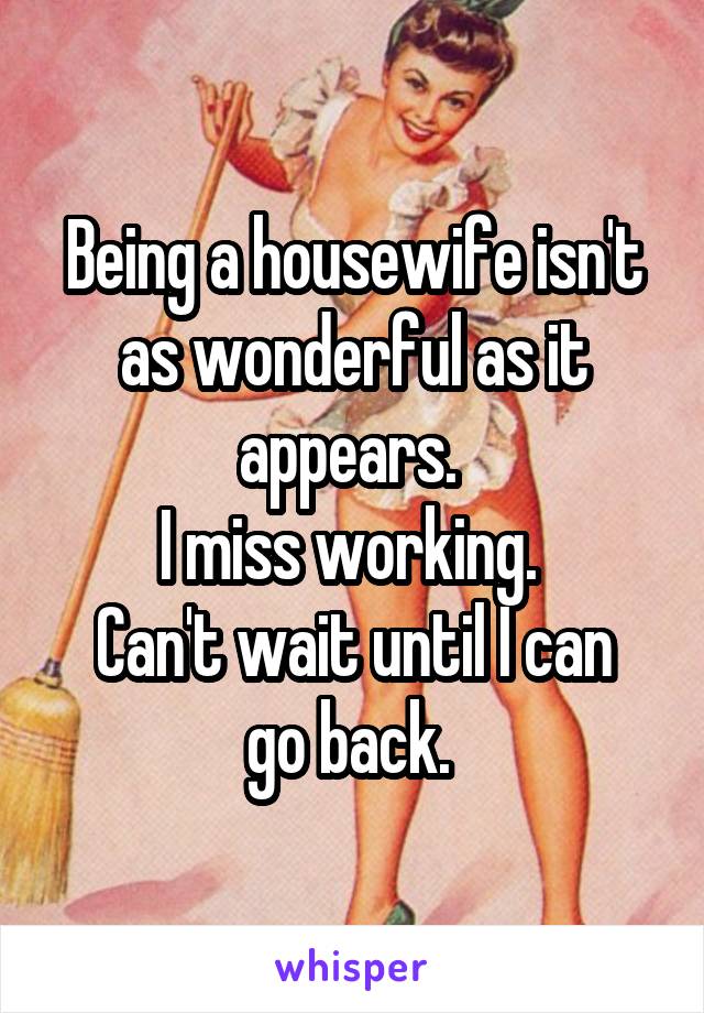 Being a housewife isn't as wonderful as it appears. 
I miss working. 
Can't wait until I can go back. 