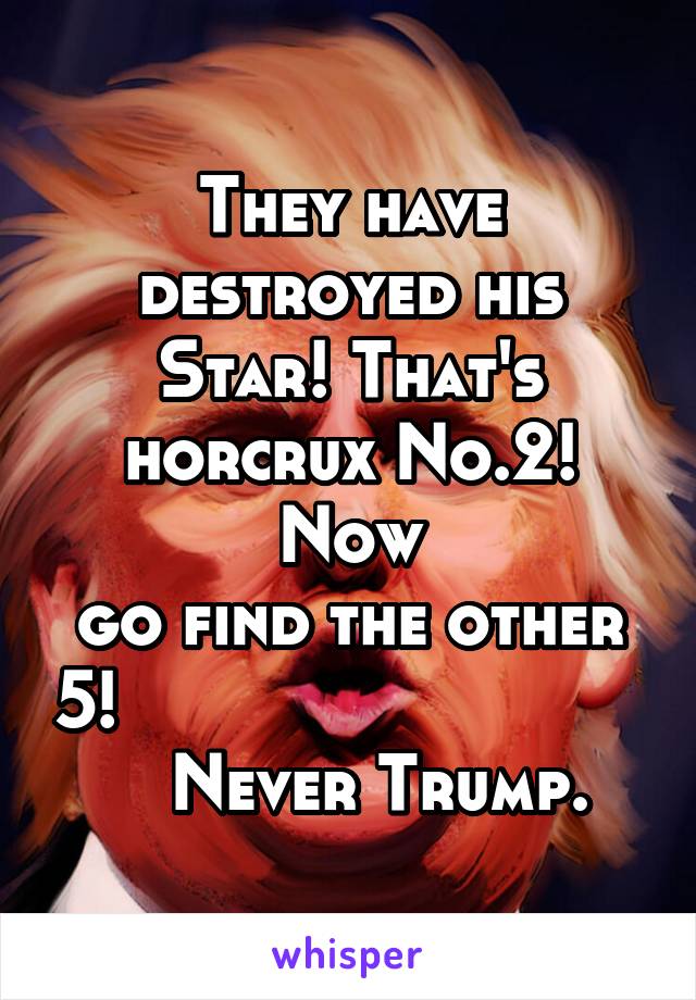 They have destroyed his Star! That's horcrux No.2! Now
go find the other 5!                               Never Trump.