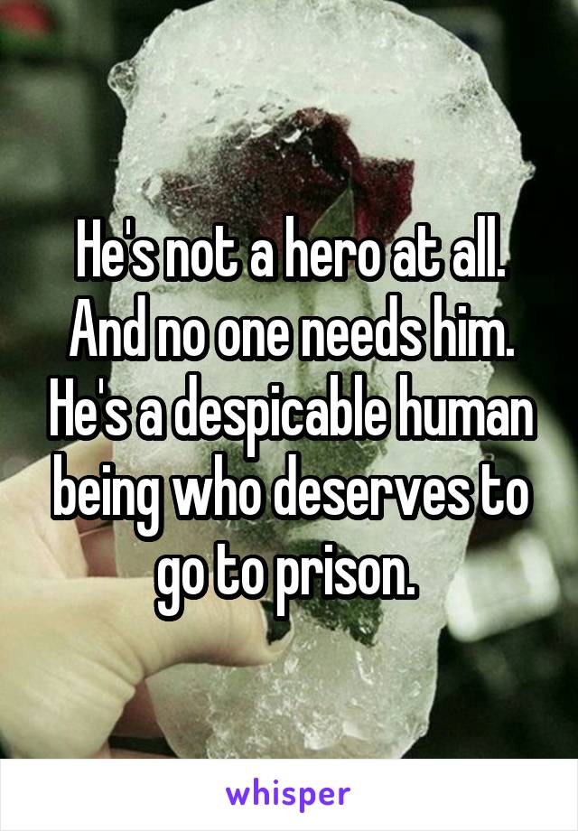 He's not a hero at all. And no one needs him. He's a despicable human being who deserves to go to prison. 