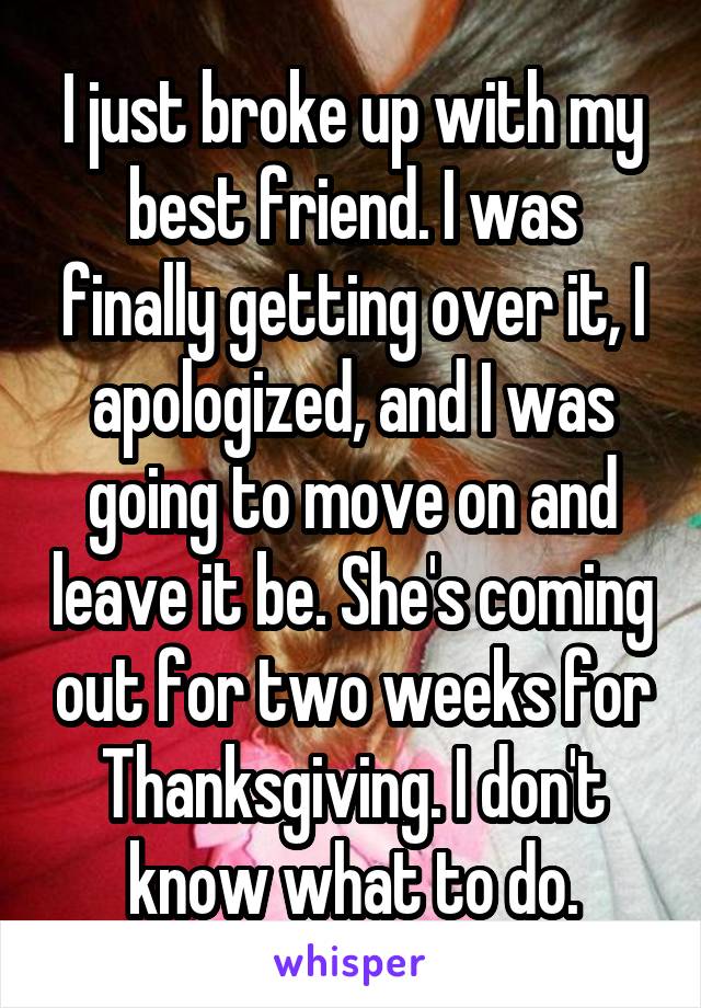 I just broke up with my best friend. I was finally getting over it, I apologized, and I was going to move on and leave it be. She's coming out for two weeks for Thanksgiving. I don't know what to do.