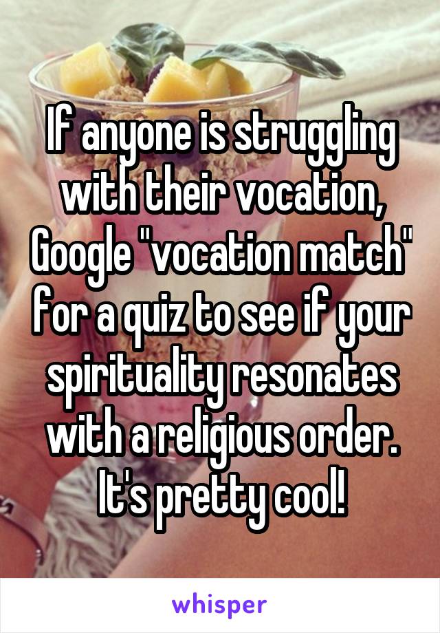 If anyone is struggling with their vocation, Google "vocation match" for a quiz to see if your spirituality resonates with a religious order. It's pretty cool!