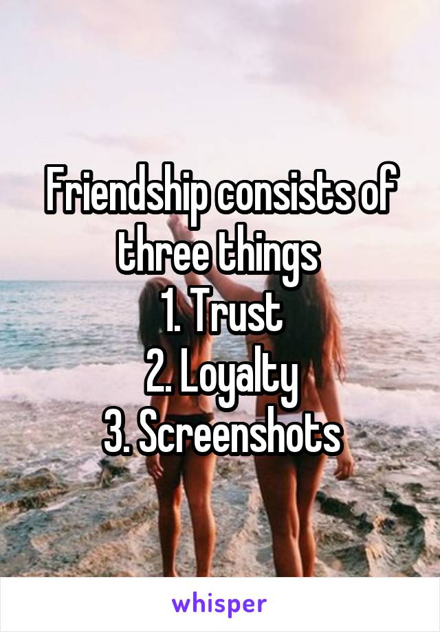 Friendship consists of three things 
1. Trust
2. Loyalty
3. Screenshots