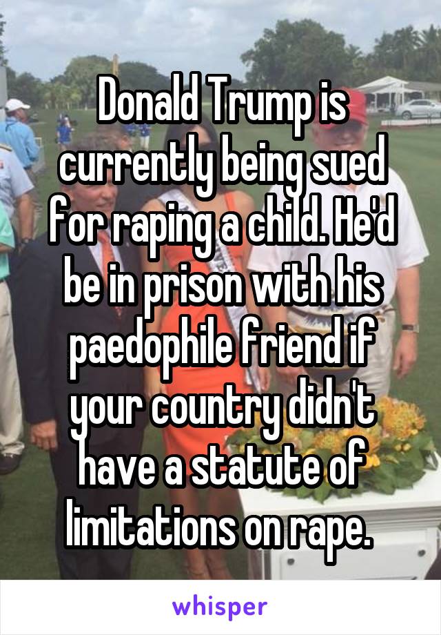 Donald Trump is currently being sued for raping a child. He'd be in prison with his paedophile friend if your country didn't have a statute of limitations on rape. 