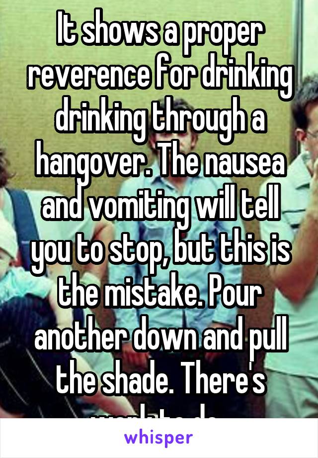 It shows a proper reverence for drinking drinking through a hangover. The nausea and vomiting will tell you to stop, but this is the mistake. Pour another down and pull the shade. There's work to do. 