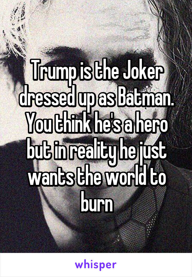 Trump is the Joker dressed up as Batman. You think he's a hero but in reality he just wants the world to burn