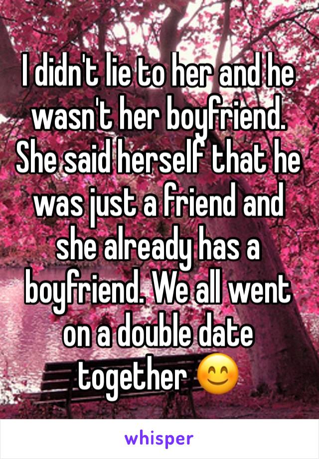 I didn't lie to her and he wasn't her boyfriend. She said herself that he was just a friend and she already has a boyfriend. We all went on a double date together 😊