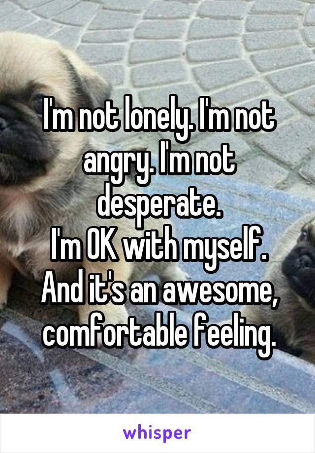 I'm not lonely. I'm not angry. I'm not desperate.
I'm OK with myself.
And it's an awesome, comfortable feeling.
