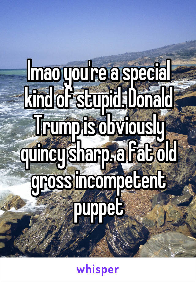 lmao you're a special kind of stupid. Donald Trump is obviously quincy sharp. a fat old gross incompetent puppet