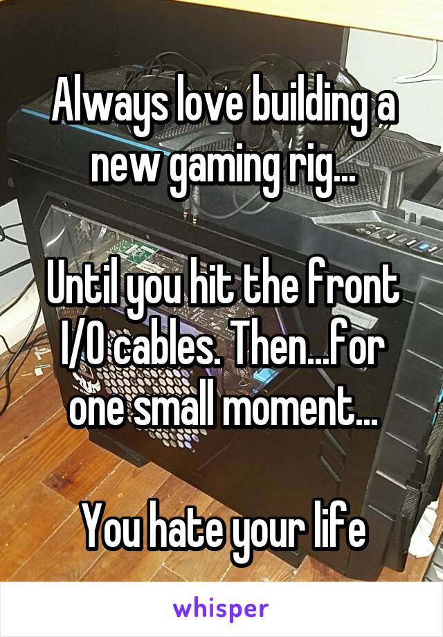 Always love building a new gaming rig...

Until you hit the front I/O cables. Then...for one small moment...

You hate your life