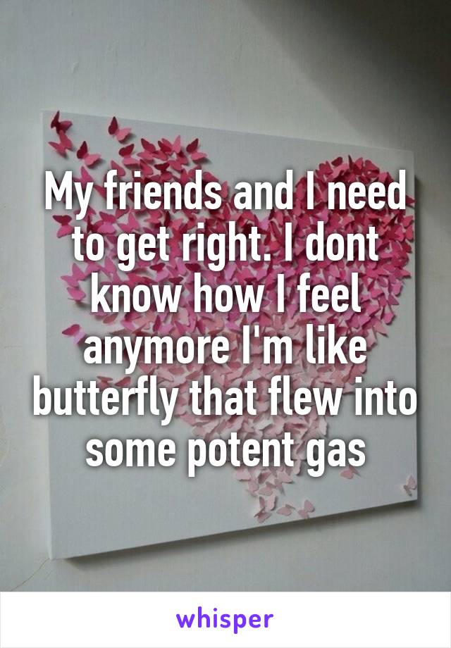 My friends and I need to get right. I dont know how I feel anymore I'm like butterfly that flew into some potent gas