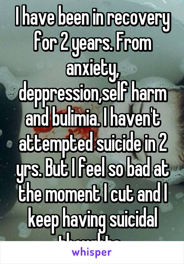 I have been in recovery for 2 years. From anxiety, deppression,self harm and bulimia. I haven't attempted suicide in 2 yrs. But I feel so bad at the moment I cut and I keep having suicidal thoughts. 