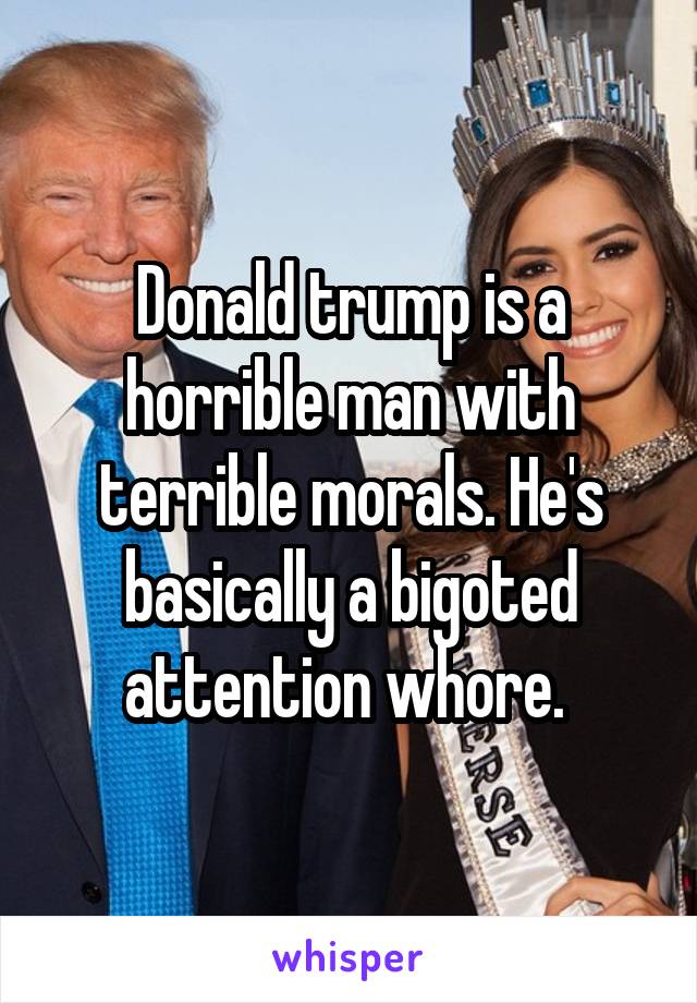 Donald trump is a horrible man with terrible morals. He's basically a bigoted attention whore. 