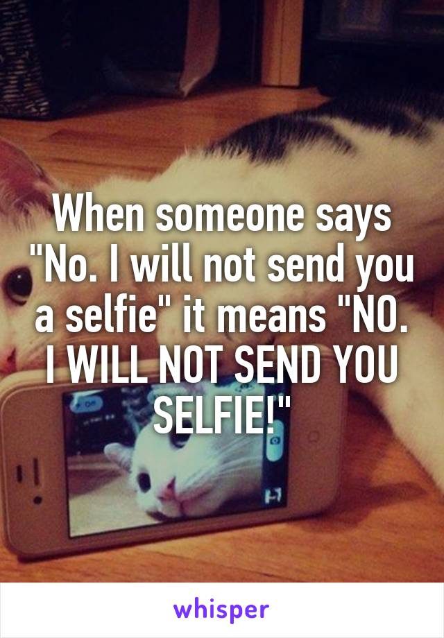 When someone says "No. I will not send you a selfie" it means "NO. I WILL NOT SEND YOU SELFIE!"