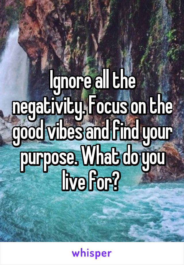 Ignore all the negativity. Focus on the good vibes and find your purpose. What do you live for? 